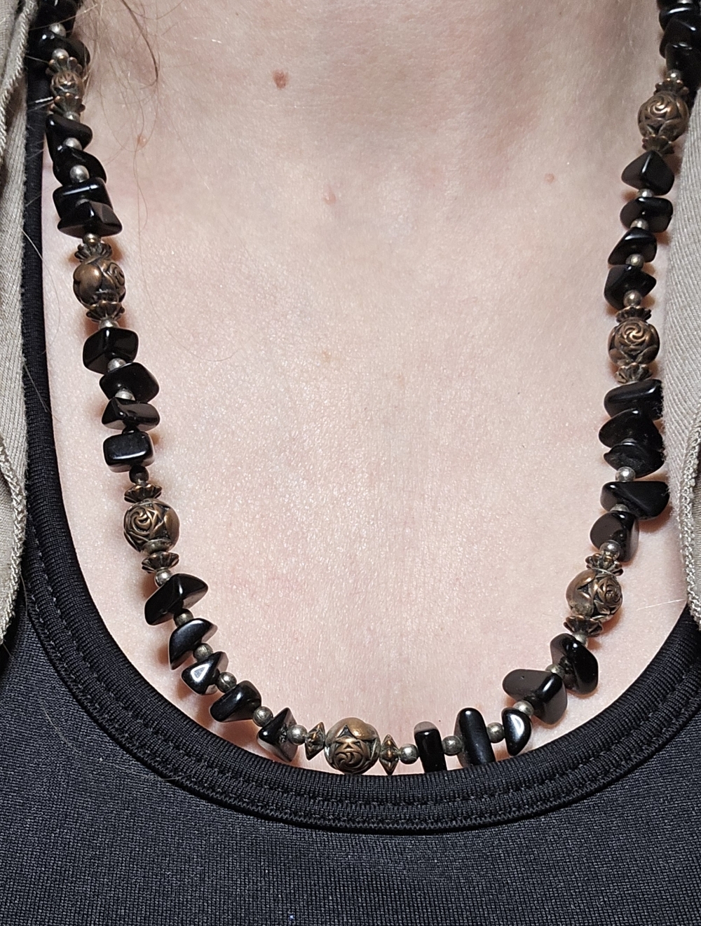 Elegant Black Obsidian Chip and Copper Beaded Necklace